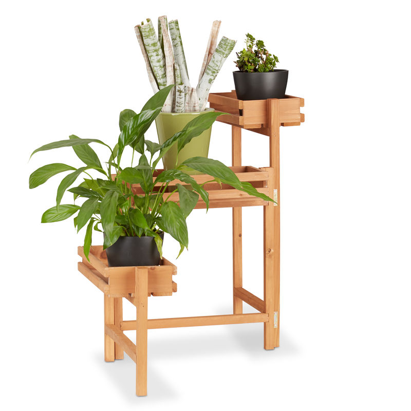 Tagère pour plantes en bois support pot de fleurs en escalier décoration 3 niveaux 57 cm hauteur, nature - Relaxdays