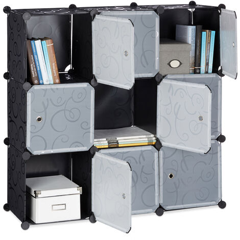 Relaxdays Étagère rangement 9 casiers portes plastique modulable DIY assemblage plug in bibliothèque 95x95x32 cm, noir