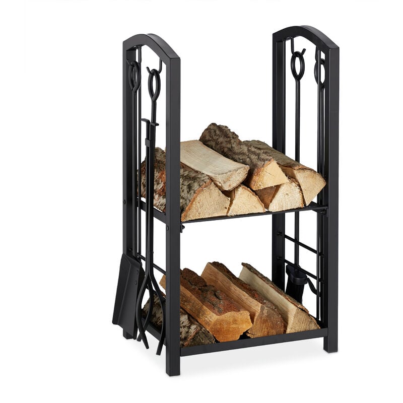 Relaxdays - Etagère à bois de cheminée serviteur, 2 Etages Porte buche, outils cheminée, pelle,balai,pince,tisonnier, noir