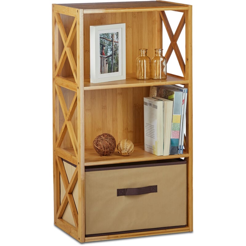 Etagère en bambou 3 niveaux avec panier de rangement bois nature HxlxP: 80 x 42 x 29 cm, nature - Relaxdays