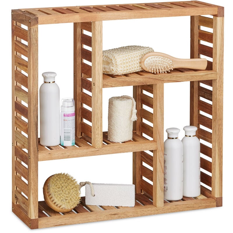 Etagère murale salle de bain bois de noyer bibliothèque 5 compartiments salon couloir entrée HxlxP: 50 x 50 x 15 cm, nature - Relaxdays