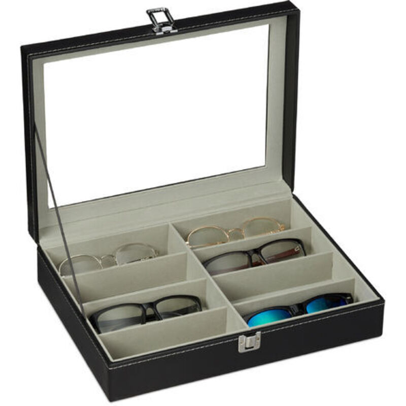 Relaxdays Etui à lunettes pour 8 paires, Rangement à lunettes de soleil, 8,5 x 33,5 x 24,5 cm, Coffre en cuir, noir