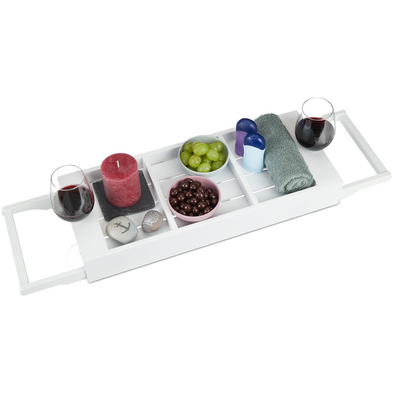 Extendable Bathtub Cady, Bamboo Bathroom Tray, Compartments for Soap, Sponge, Phone, Wine Glass Holder, White - Relaxdays