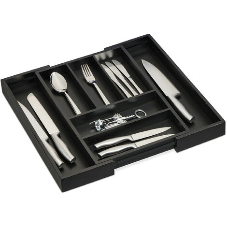 Relaxdays Extendable Cutlery Tray, Bamboo, 5-7 Compartments, HWD: 5 x 30.5-49 x 46 cm, Kitchen Drawer Insert, Black