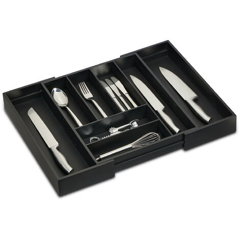 Relaxdays Extendable Cutlery Tray, Bamboo, 6-8 Compartments, HWD: 6.5 x 35-58 x 43.5 cm, Kitchen Drawer Insert, Black