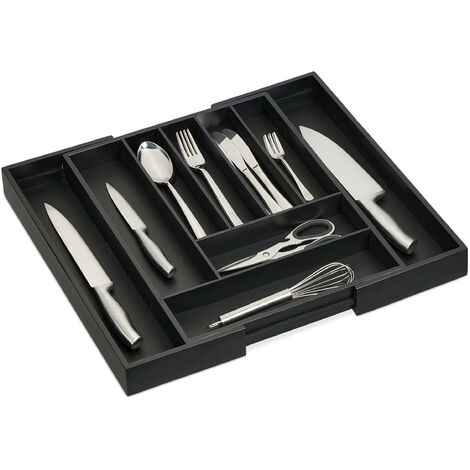 Relaxdays Extendable Cutlery Tray, Bamboo, 7-9 Compartments, HWD: 5 x 33.5-49.5 x 44.5 cm, Kitchen Drawer Insert, Black