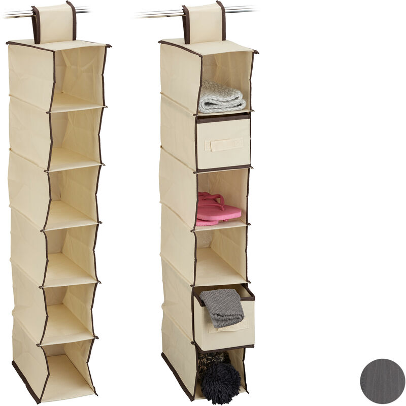 Set Of 2 Relaxdays Fabric Hanging Shelves, 6 Compartments With 2 Drawers, Foldable, Size, 82 X 14.5 X 30 Cm, Beige