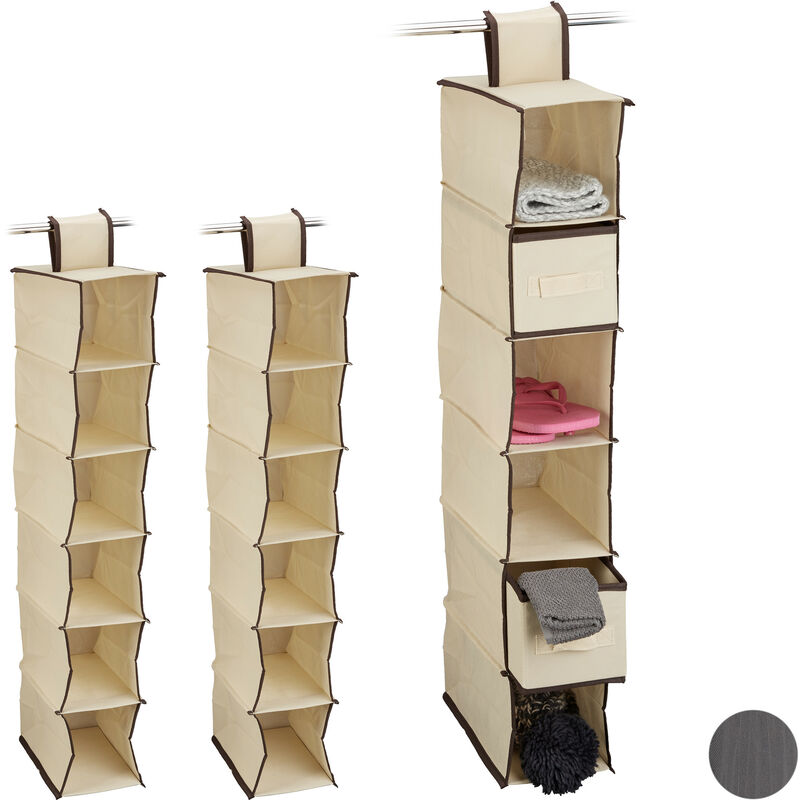Set Of 3 Relaxdays Fabric Hanging Shelves, 6 Compartments With 2 Drawers, Foldable, Size, 82 X 14.5 X 30 Cm, Beige