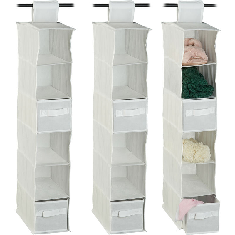 Set Of 3 Relaxdays Fabric Hanging Shelves, 6 Compartments With 2 Drawers, Foldable, Size, 82 X 14.5 X 30 Cm, White