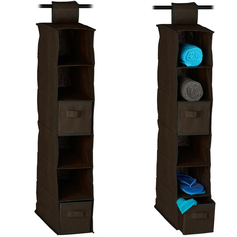Set Of 2 Relaxdays Fabric Hanging Shelves, 6 Compartments With 2 Drawers, Foldable, Size, 82 X 14.5 X 30 Cm, Brown