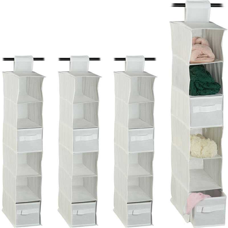 Set Of 4 Relaxdays Fabric Hanging Shelves, 6 Compartments With 2 Drawers, Foldable, Size, 82 X 14.5 X 30 Cm, White