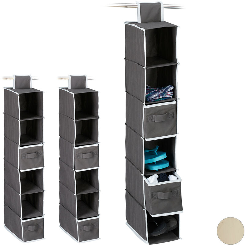 Set Of 3 Relaxdays Fabric Hanging Shelves, 6 Compartments With 2 Drawers, Foldable, Size, 82 X 14.5 X 30 Cm, Anthracite