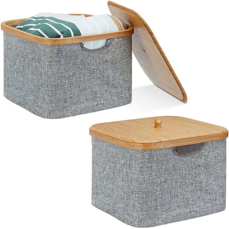 Relaxdays - Set of 2 Fabric Storage Basket, Grey Laundry Hamper, Square Folding Shelf Bin, HxWxD: 25 x 33 x 33 cm, Grey