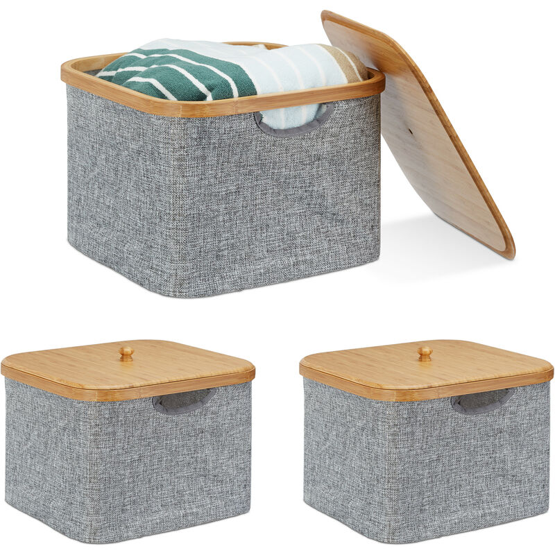 Set of 3 Relaxdays Fabric Storage Basket, Grey Laundry Hamper, Square Folding Shelf Bin, HxWxD: 25 x 33 x 33 cm, Grey