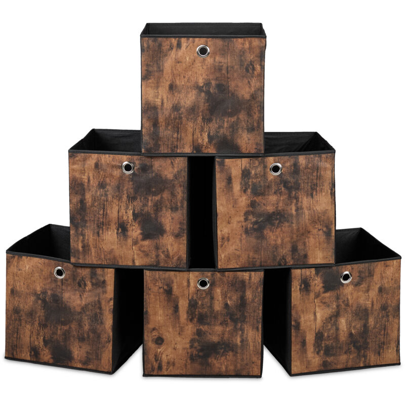 Relaxdays Fabric Storage Cubes, Set Of 6, Hxwxd, 30x30x30 Cm, Wood Effect, Foldable, Shelf Organiser Boxes, Black/brown