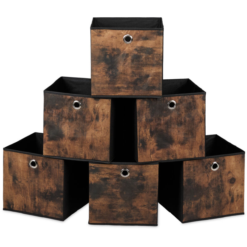 Relaxdays Fabric Storage Cubes, Set Of 6, Hxwxd, 26x26x26 Cm, Wood Effect, Foldable, Shelf Organiser Boxes, Black/brown