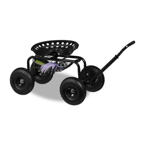 Relaxdays fahrbarer Gartensitz, höhenverstellbar, 150 kg, Stauraum, Rollsitz Gartenarbeit, Stahl, Luftreifen, schwarz