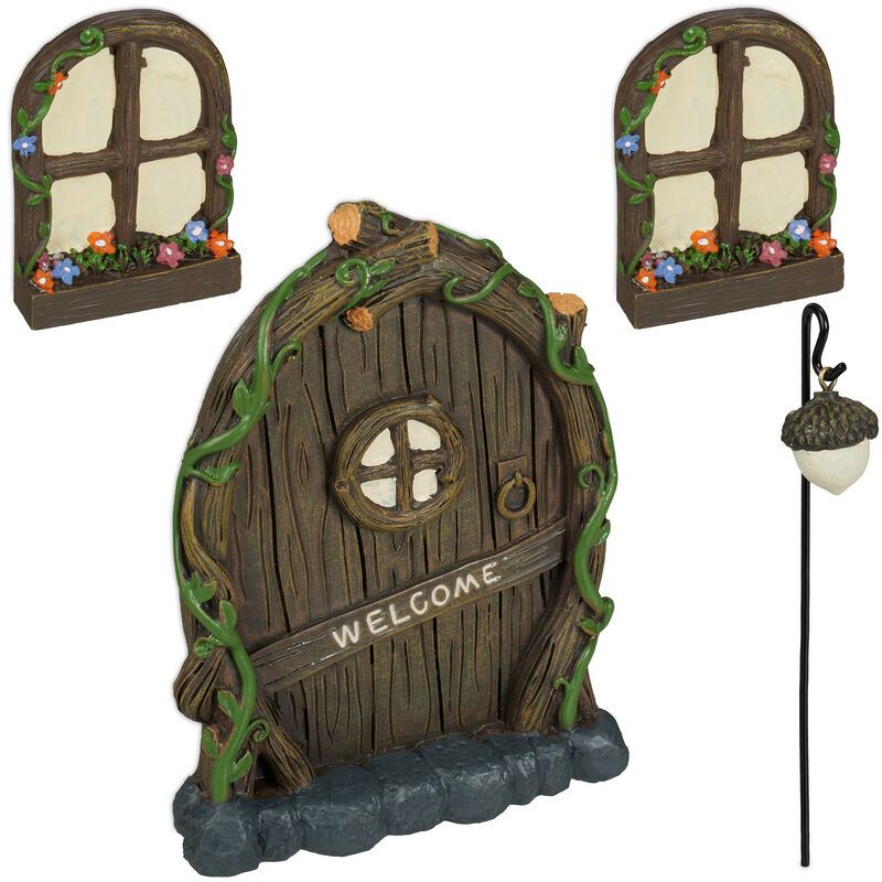 Fairy Welcome Set: 2 Windows, 1 Lantern, 1 Door, Weatherproof Garden Decoration, Artificial Stone, Colourful - Relaxdays