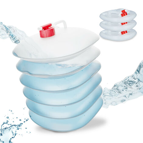 Relaxdays Faltkanister 4er Set, 10 Liter, faltbare Wasserkanister mit Hahn, BPA-frei, Plastikkanister, transparent/rot