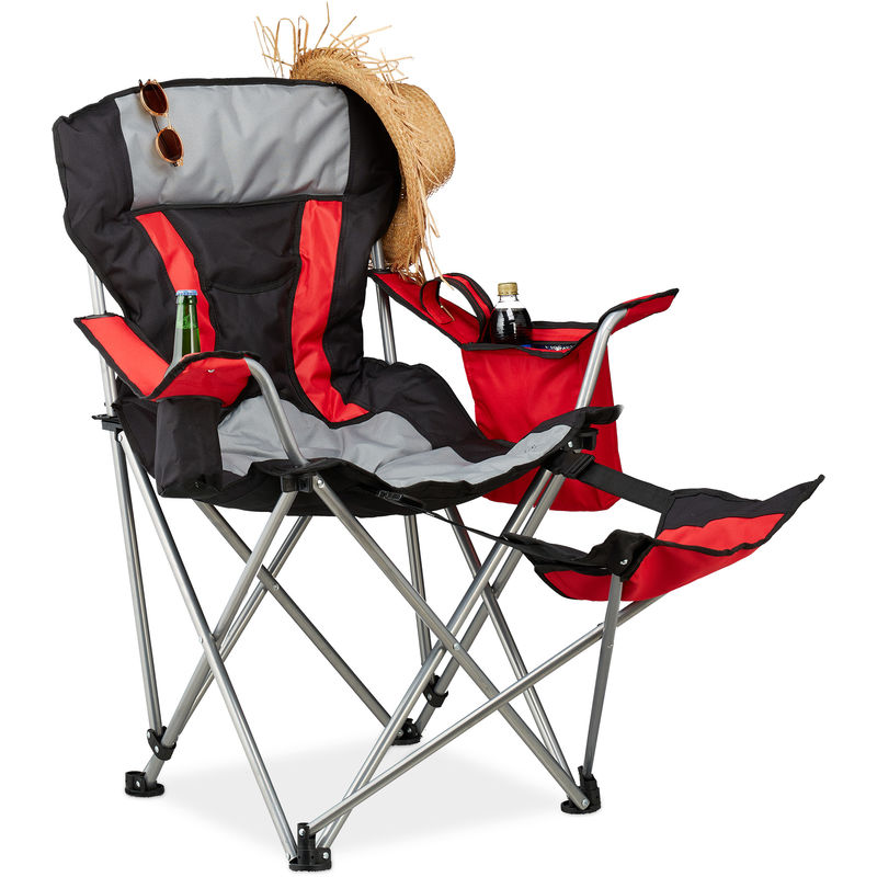 Fauteuil de pêche pliant chaise de camping pliable porte-boissons repose-pieds, 150 kg, noir-rouge - Relaxdays