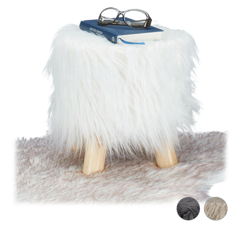 Faux Fur Stool, Fluffy, 4 Wooden Legs, Padded Footstool, Round, Decorative Stand HxD: 31x31 cm, White - Relaxdays