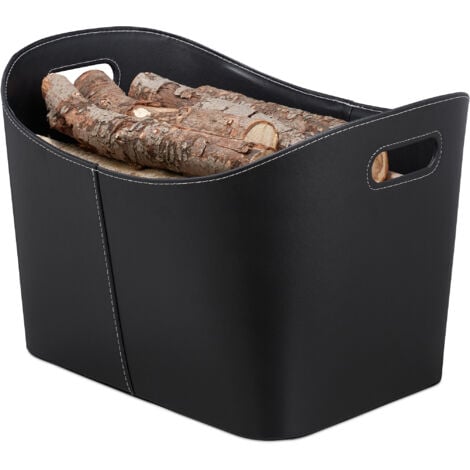 Relaxdays Faux Leather Firewood Basket, Sturdy Log Storage Bin with Handles, Size XL, Black