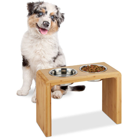 Relaxdays Feeding Station, 2 Stainless Steel Bowls, Large Dogs, Water & Food, Raised, Bamboo, HWD 31x45x20.5 cm, Natural