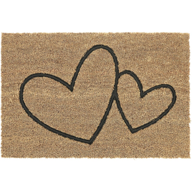 Paillasson en fibres de coco, 2 cœurs, résistant aux intempéries, 60x40 cm, intérieur & extérieur, nature/noir - Relaxdays