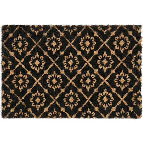 Relaxdays Felpudo de Coco 40x60 cm, Adornos Florales, Tapete Puerta Interior y Exterior, Antideslizante, Natural y Negro