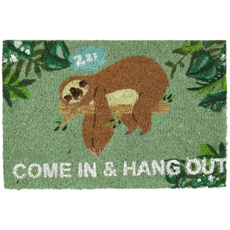 Relaxdays Felpudo de Coco, Mensaje  "Come In & Hang Out", Estampado Perezoso, Alfombra Puerta Entrada, Verde y Marrón