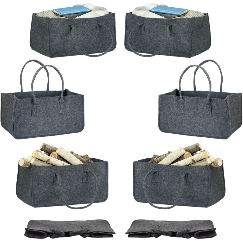 Set Of 8 Relaxdays Felt Firewood Basket, Portable Magazine Holder, Wood Bin H X W X D, 25 X 25 X 50 Cm, Anthracite