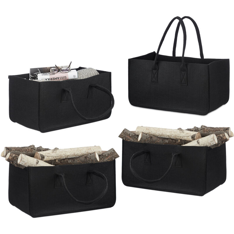 Set Of 4 Relaxdays Felt Firewood Basket, Portable Magazine Holder, Wood Bin H X W X D, 25 X 25 X 50 Cm, Black