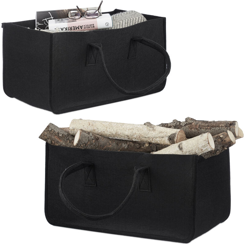 Set Of 2 Relaxdays Felt Firewood Basket, Portable Magazine Holder, Wood Bin H X W X D, 25 X 25 X 50 Cm, Black