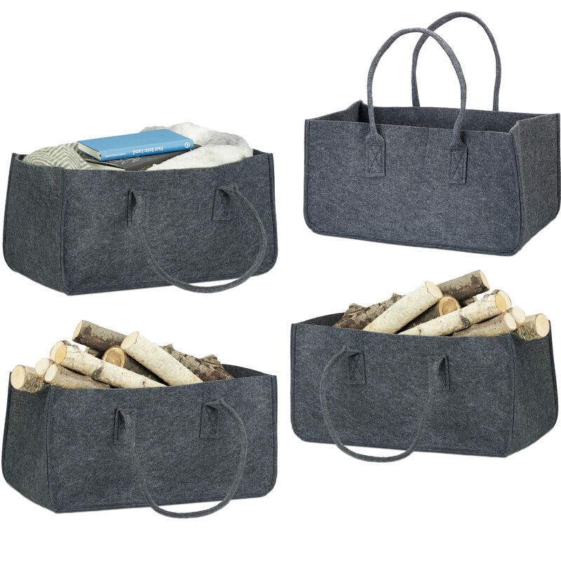 Set Of 4 Relaxdays Felt Firewood Basket, Portable Magazine Holder, Wood Bin H X W X D, 25 X 25 X 50 Cm, Anthracite