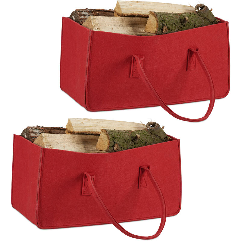 Set Of 2 Relaxdays Felt Firewood Basket, Portable Magazine Holder, Wood Bin H X W X D, 25 X 25 X 50 Cm, Red