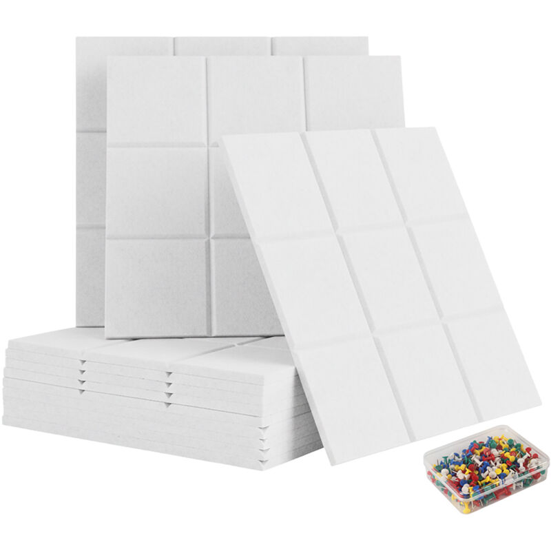 Relaxdays felt pinboard, 12 pcs, self-adhesive felt squares, HxWxD 30x30x0.9 cm, incl. pins, white