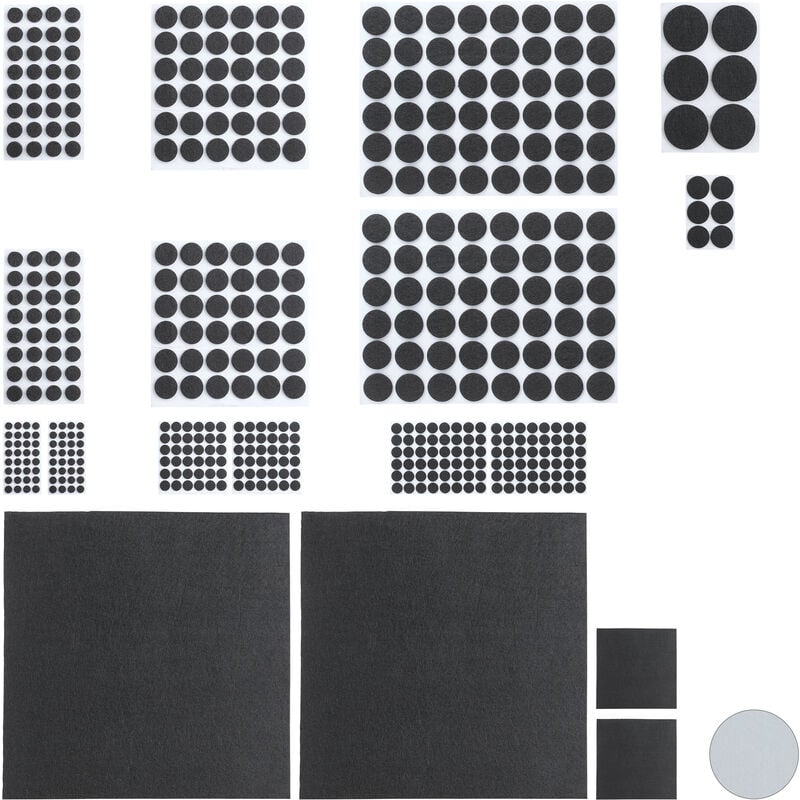 Pack of 480 Relaxdays Felt Sliders, 2 Adjustable Felt Panels, Round Furniture Protectors, Various Sizes, Black