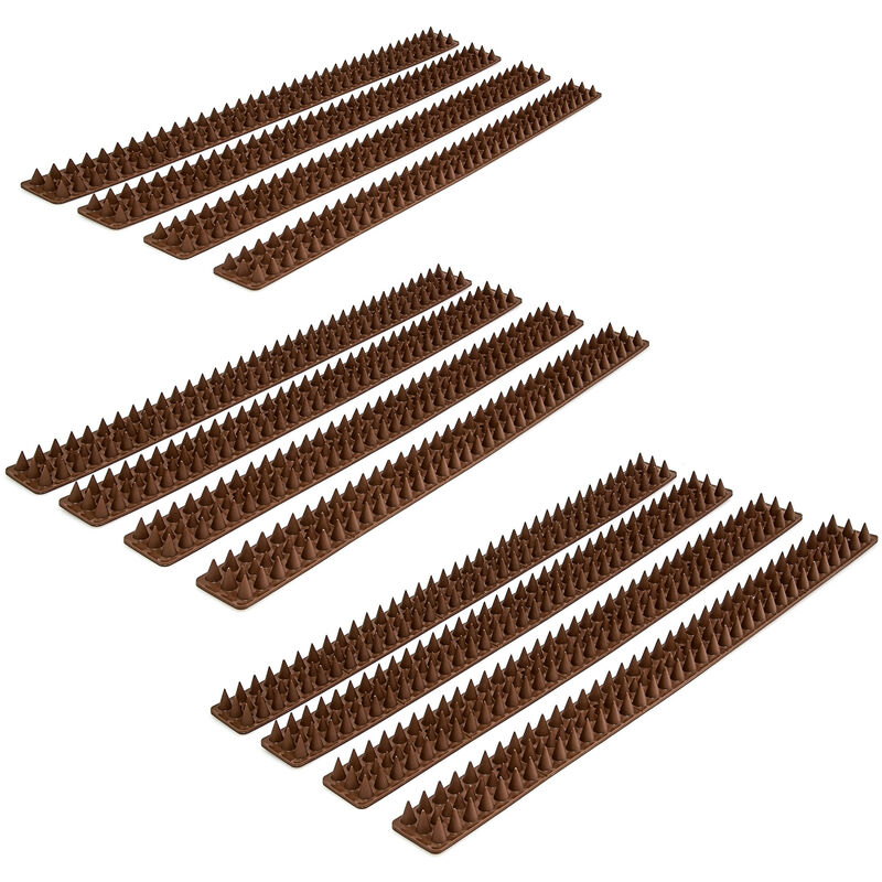 Relaxdays 12 X Bird Spike Panels, Each 49 Cm, For Fences, Walls & Railings, Anti Pigeon, 3 Rows, Plastic, Dark Brown