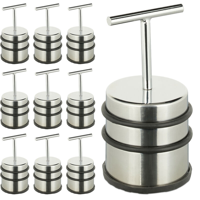 Relaxdays 10 Door Stoppers with Handle, for Doors & Windows, Stainless Steel & Rubber, Floor Bumper, HxØ: 14 x 7, Silver