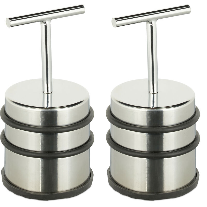 Relaxdays 2x Door Stoppers with Handle, for Doors & Windows, Stainless Steel & Rubber, Floor Bumper, HxØ: 14 x 7, Silver