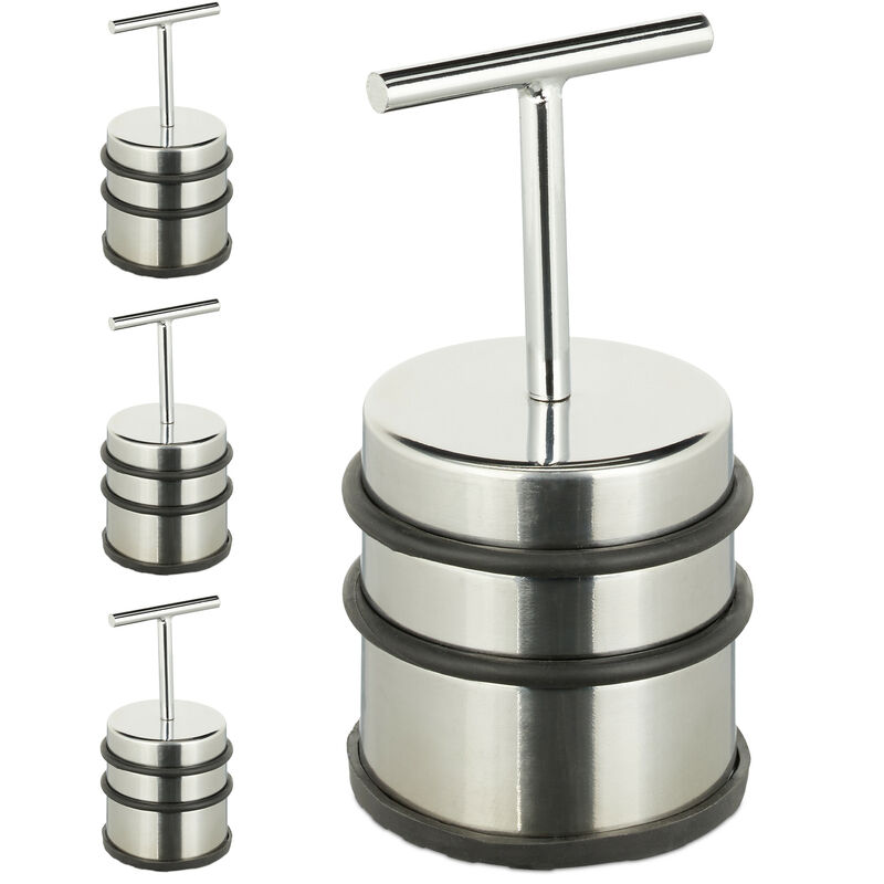 Relaxdays 4x Door Stoppers with Handle, for Doors & Windows, Stainless Steel & Rubber, Floor Bumper, HxØ: 14 x 7, Silver