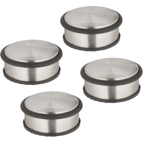 Relaxdays Fermaporta in Acciaio Inox, Set da 4, H x D: 4,5 x 10,5 cm, Blocca Porte Pesante e Antiscivolo, Argento Nero, Ferro, Gomma