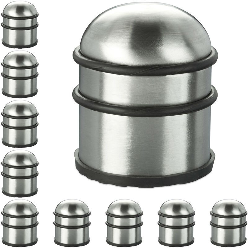 Relaxdays 10 Door Stoppers, for Doors & Windows, Stainless Steel & Rubber, High & Round, Indoor, HxØ: 8.5 x 7 cm, Silver