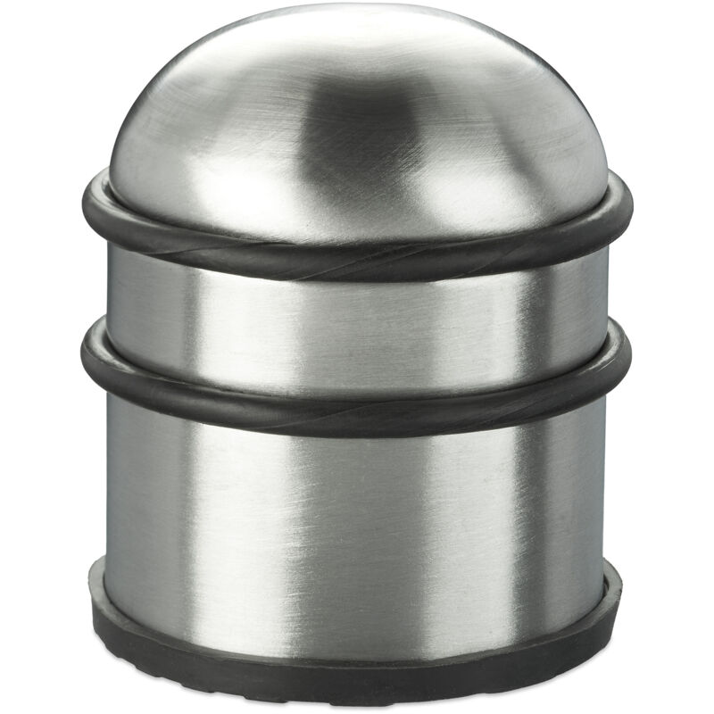 Relaxdays 2x Door Stoppers, for Doors & Windows, Stainless Steel & Rubber, High & Round, Indoor, HxØ: 8.5 x 7 cm, Silver