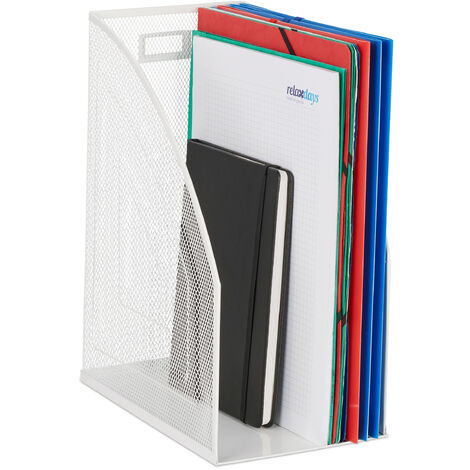 Relaxdays File Organiser, Standing, Mesh Design, Office & Home, H x W x D: 32 x 16 x 24.5 cm, Metal, White
