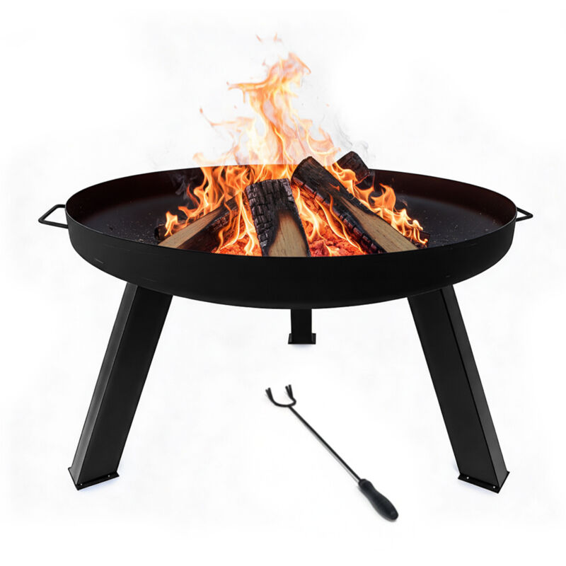 Relaxdays Fire Bowl, Ø 59 Cm, With Fire Poker, Powder-coated Steel, Garden & Patio, Black