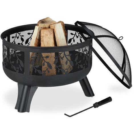 Relaxdays Fire Bowl, Spark Guard, Poker, Garden & Terrace, Outdoor, HxD: 60 x 60 cm, Steel, Black