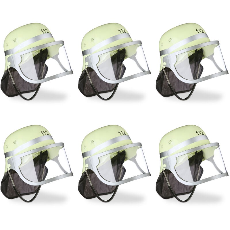 Relaxdays - Fireman Helmet Kids, 6x Set, Adjustable, Flip Down Visor, Neck Cloth, h x w x d: 24.5 x 22.5 x 28 cm, Yellow