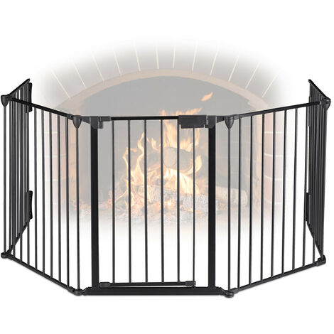 Relaxdays Fireplace Guard, 5 Panels, HxW each 75 x 60 cm, with Door, Child Protection, Fireside Barrier, Steel, Black