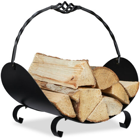 Relaxdays Firewood Basket Metal, Elegant Wood Carrier with Handle, Inside, for Fireplace, HWD: 42.5 x 43.5 x 30cm, Black